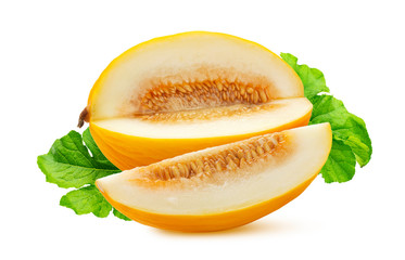 Sweet honeydew melon with green leaves isolated on white background