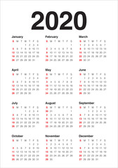 Year 2020 calendar vector design template
