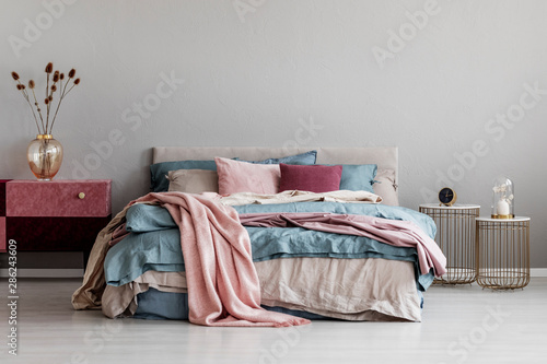 Pastel Pink Beige And Blue Bedding On King Size Bed In Trendy Bedroom Interior Copy Space Empty Grey Wall Mural Photographee Eu - Pink Grey Blue Bedding Pastel Pink Beige And Blue Bedding On King Size Bed In Trendy Bedroom Interior Copy Space Empty Grey Wall Mural Photographee Eu - Pink Grey Blue Bedding