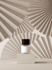 Fototapeta premium Abstract background for branding, identity and packaging presentation. Perfume on podium on white paper fan medallion background. 3d rendering illustration.