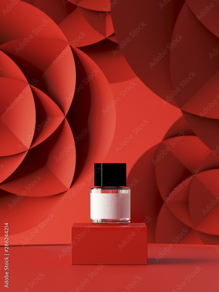 Poster abstract background for branding, identity and packaging presentation. perfume on podium on red pape