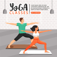 Fototapeta na wymiar Healthy lifestyle and yoga concept. Sporty couple practicing yoga. People doing virabhadrasana warrior yoga pose. Fitness class. Banner design template. Cartoon vector illustration.