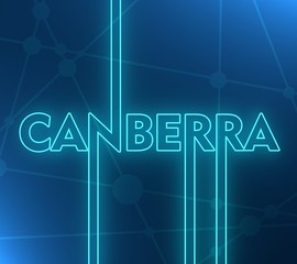 Image relative to Australia travel theme. Canberra city name in geometry style design. Creative vintage typography poster concept. 3D rendering. Neon bulb illumination