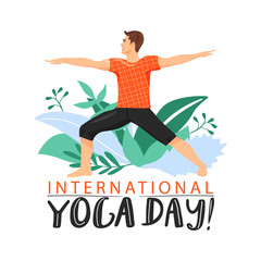 Sporty man practicing virabhadrasana warrior yoga pose. Stylish typography slogan design 