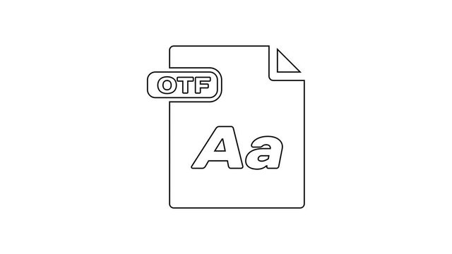 Black OTF file document. Download otf button line icon on white background. OTF file symbol. 4K Video motion graphic animation