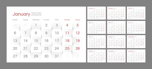 Wall calendar for 2020 year in clean minimal style. Week Starts on Monday. Set of 12 Months.