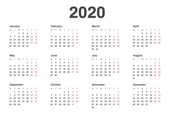Calendar for 2020 year in clean minimal style. Week Starts on Monday.
