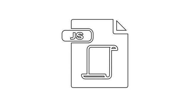 Black JS file document. Download js button line icon on white background. JS file symbol. 4K Video motion graphic animation