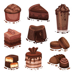 Set of various chocolate desserts. Vector illustration on a white background.