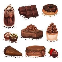 Set of various chocolate desserts. Vector illustration on a white background.