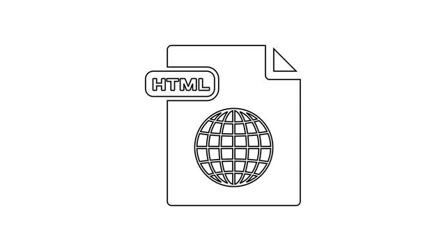 Black HTML file document. Download html button line icon on white background. HTML file symbol. Markup language symbol. 4K Video motion graphic animation