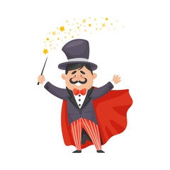 Magician in a cloak and hat. Vector illustration on a white background.