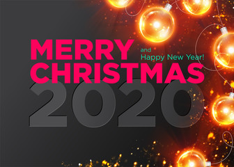 Christmas 2020 Vector Background Design. Happy New Year 2020 Luxury Greeting Card. Elegant Festive Xmas Poster Template with Christmas Lights and Gold Glitter Texture. Winter Holiday Season.
