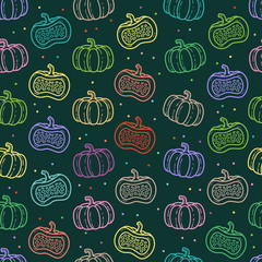 Vector Pumpkin Seamless Pattern. Neon Colored Outline Pumpkin Background.