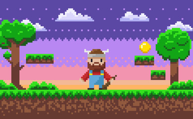 Viking wearing horned hat vector, 8 bit pixel game scene with heroic male character pixelated personage with weapon ready to fight, trees and grass clouds. Game landscape