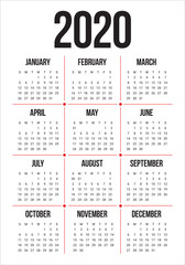 Year 2020 calendar vector design template