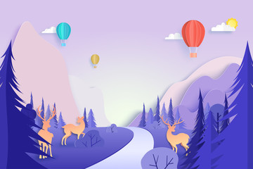 Colorful hot air balloons floating the sky and deers wildlife on beautiful nature landscape background paper art style.Vector illustration.