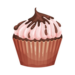 Chocolate cupcake with pink cream. Vector illustration on a white background.