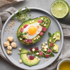 Keto diet dish: baked Avocado boat with ham cubes, quail egg and cheese served with green salad