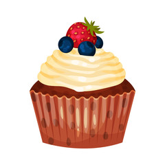 Cupcake with caramel cream and berries. Vector illustration on a white background.