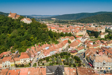 Obraz premium Aerial drone view of Sighisoara old city, Romania
