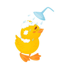 Cute duckling in the shower. Vector illustration on a white background.