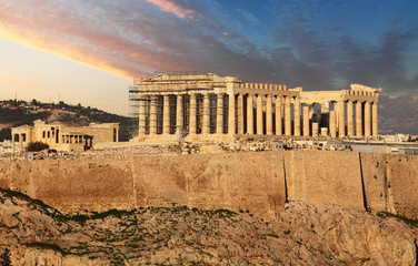 Acropolis of Athens, Greece, with the Parthenon Temple during sunset