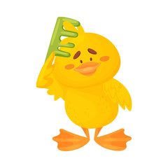 Cute duckling is combing. Vector illustration on a white background.