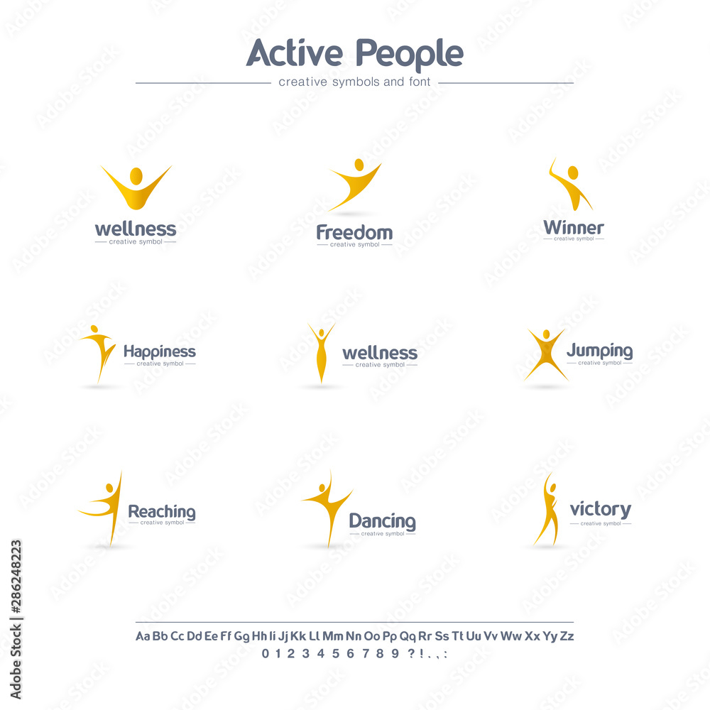 Wall mural active people creative symbols set, font concept. winner, happy human, freedom abstract business log