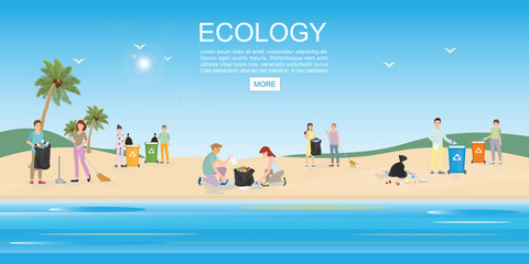 People cleaning garbage on beach area.