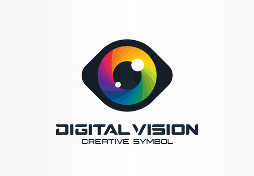 Digital vision, cyber eye, color lens creative symbol concept. Ophthalmology, security abstract business logo idea. Spectrum, rainbow icon. Corporate identity logotype, company graphic design tamplate