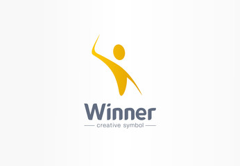 Winner, happiness creative symbol concept. Champion, goal celebration abstract business logo idea. Hand up man, happy person, win icon. Corporate identity logotype, company graphic design tamplate
