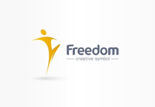 Freedom, jump, man flight creative symbol concept. Happiness, success, win abstract business logo idea. Healthy human, happy person icon. Corporate identity logotype, company graphic design tamplate