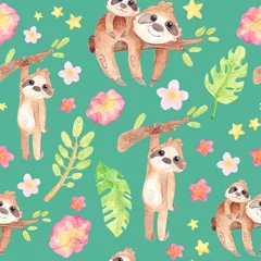 Wall murals Sloths Hand painted watercolor sloths. Cartoon cute illustration. Seamless pattern with exotic tropics. On a green background