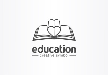Education, open book with heart shape creative symbol concept. Novel, love story, affair abstract business logo idea. Learn, read icon. Corporate identity logotype, company graphic design tamplate