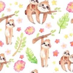 Wall murals Sloths Hand painted watercolor sloths. Cartoon cute illustration. Seamless pattern with exotic tropics.
