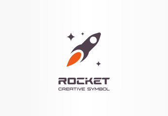 Rocket in space, startup creative symbol concept. Spaceship start up abstract business logo idea. Stars, sky and ship technology icon. Corporate identity logotype, company graphic design tamplate