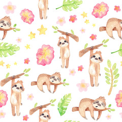 Hand painted watercolor sloths. Cartoon cute illustration. Seamless pattern with exotic tropics.