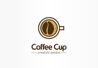 Coffee cup top view with bean shape foam creative symbol concept. Cafe menu, restaurant abstract business logo idea. Fresh espresso icon. Corporate identity logotype, company graphic design tamplate