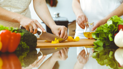 Closeup of human hands cooking in kitchen. Mother and daughter or two female friends cutting vegetables for fresh salad. Friendship, family dinner and lifestyle concepts