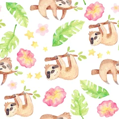 Printed roller blinds Jungle  children room Hand painted watercolor sloths. Cartoon cute illustration. Seamless pattern with exotic tropics.