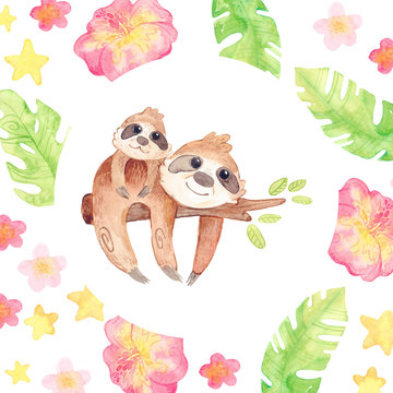 Cartoon exotic tropics. Cute sloth on a branch. Template for greeting card, baby invitation.