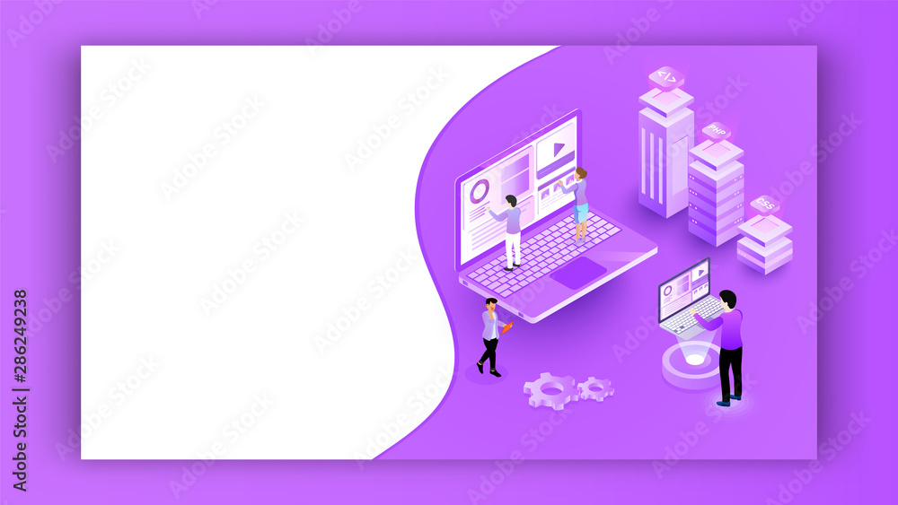 Poster 3d isometric illustration of miniature people working on laptop with different programming server on