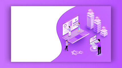 3D isometric illustration of miniature people working on laptop with different programming server on purple background.