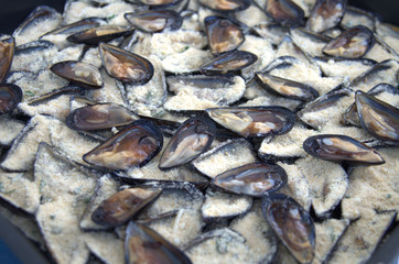 Una teglia di cozze italiane pronte per essere cucinate.