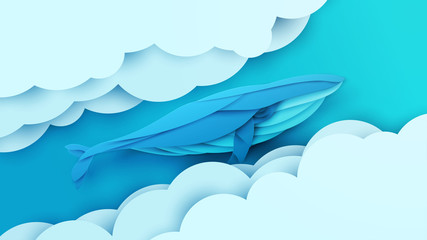 Cartoon humpback whale flying in sky with clouds. Trendy paper cut craft graphic style. Vector illustration. © cgterminal