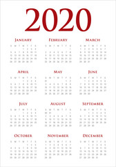 Year 2020 calendar vector design template