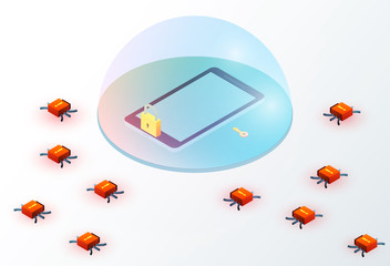 Smartphone in glass dome with red bug viruses around. Isometric 3d data protection or digital online security concept. Flat vector illustration.