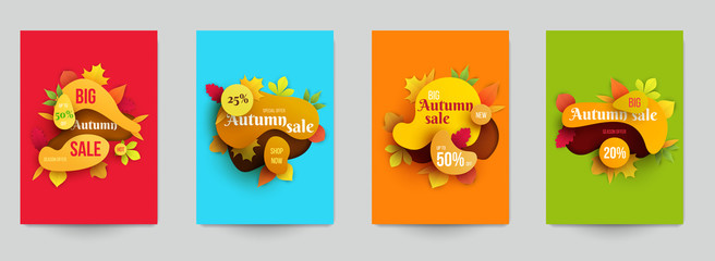 Set of creative concept with autumn sale banner with leaves in paper cut cartoon style. Template background for branding promotion company, design seasonal discounts. Colorful vector illustration.