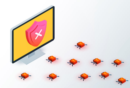 Computer Monitor With And Red Bug Viruses Around. Isometric 3d Data Protection Or Digital Online Security Concept. Flat Vector Illustration.